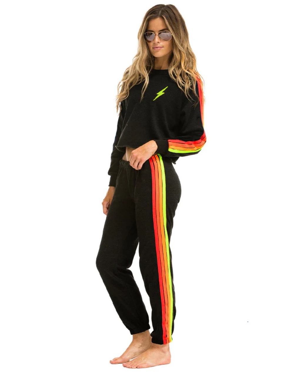Aviator Nation Black Joggers with Neon Red Orange Yellow Stripes